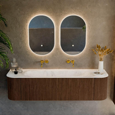 MONDIAZ KURVE-DLUX 170cm badmeubel met module 25 Len R kleur Walnut met 1 lade en 2 deuren. Wastafel BIG LARGE midden zonder kraangat kleur Frappe.