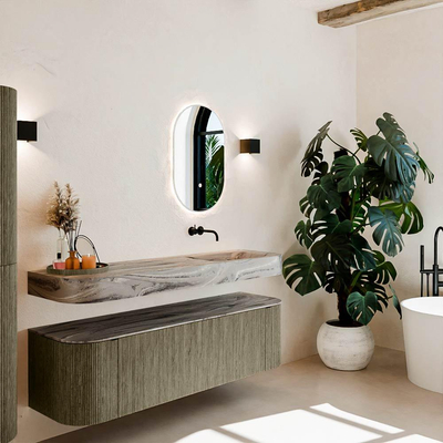 MONDIAZ THOR-DLUX 160cm meuble de salle de bains arrondi gauche + droite couleur Shadow avec 1 tiroir et 2 portes. Vasque suspendue CLOUD Droite sans trou de robinet couleur Sombra.