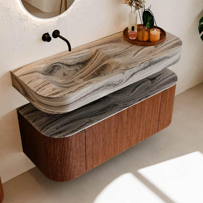 MONDIAZ THOR-DLUX Meuble de salle de bains 120cm arrondi gauche + droite couleur Ruby avec 1 tiroir et 2 portes. Vasque suspendue CLOUD Gauche sans trou de robinet couleur Sombra.