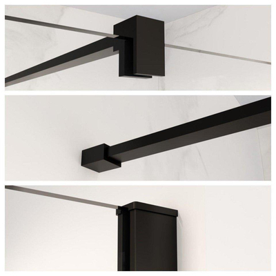 Fortifura Galeria Douche à l'italienne mi-hauteur - 110x80cm - verre fumé - 8mm - nano - avec profil et barre de renfort - Noir Mat