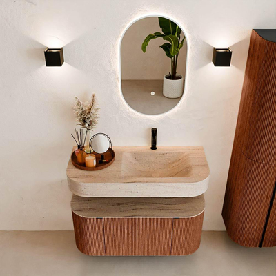 MONDIAZ THOR-DLUX 100cm meuble de salle de bains arrondi gauche + droite couleur Ruby avec 1 tiroir et 2 portes. Vasque suspendue CLOUD Droite 1 trou de robinet couleur Saba.