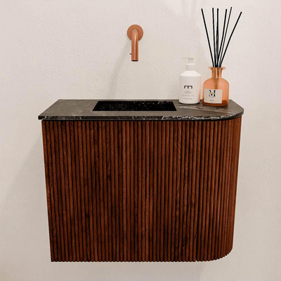 Mondiaz JOYA-DLUX 51.6cm toiletmeubel - ronding rechts kleur Ruby - Wastafel FAYE positie Links Zonder kraangat kleur Lava.