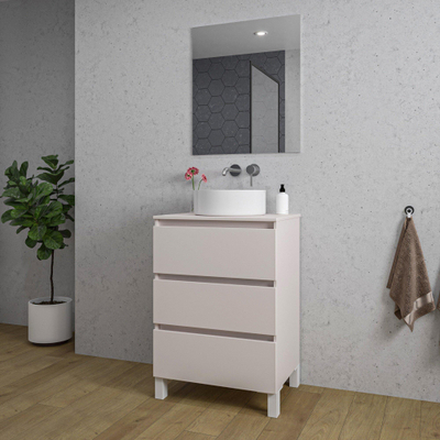 Saniclass Chaci PLUS Ensemble meuble de salle de bains - 60x86x46cm - vasque à poser - plan de toilette - 3 tiroirs - miroir rectangulaire - coton mat (beige)