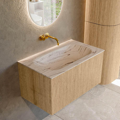 MONDIAZ KURVE-DLUX 80cm badmeubel kleur Oak met 1 lade en 0 deuren. Wastafel BIG SMALL Midden zonder kraangat Nata.