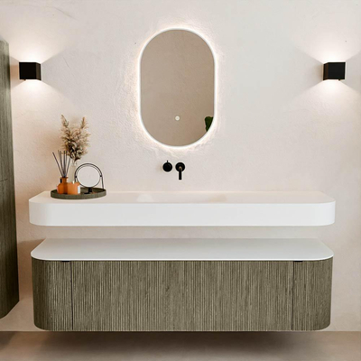 MONDIAZ THOR Meuble de salle de bains 170cm arrondi gauche + droite couleur Shadow avec 1 tiroir et 2 portes. Vasque suspendue CLOUD Milieu sans trou de robinet couleur Talc.