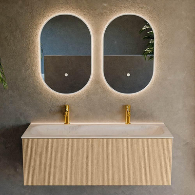 MONDIAZ KURVE-DLUX 120cm badmeubel kleur Oak met 1 lade en 0 deuren. Wastafel BIG LARGE Midden 2 kraangaten Meli.