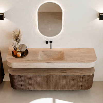 MONDIAZ THOR-DLUX 170cm badmeubel ronding links + rechts kleur Walnut met 1 lade en 2 deuren. Vrijhangende wastafel CLOUD Midden zonder kraangat kleur Saba.
