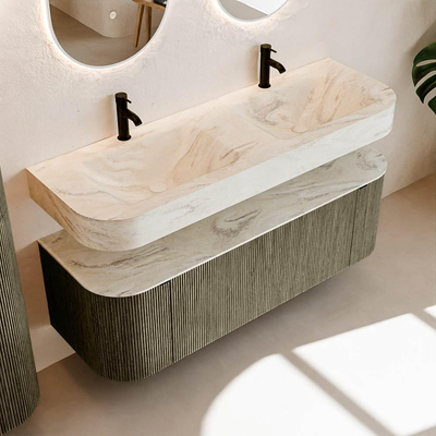 MONDIAZ THOR-DLUX 140cm meuble de salle de bains arrondi gauche + droite couleur Shadow avec 1 tiroir et 2 portes. Vasque suspendue CLOUD Double 2 trous de robinet couleur Ostra.