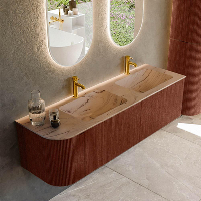 MONDIAZ KURVE-DLUX Meuble de salle de bains 155cm arrondi à gauche couleur Ruby avec 2 tiroirs et 1 porte. Lavabo LEAF Double / Droite 2 trous de robinet Arena.