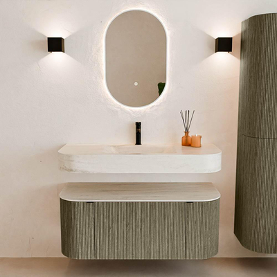 MONDIAZ THOR-DLUX Meuble de salle de bains 110cm arrondi gauche + droite couleur Shadow avec 1 tiroir et 2 portes. Vasque suspendue CLOUD Milieu 1 trou de robinet couleur Meli.