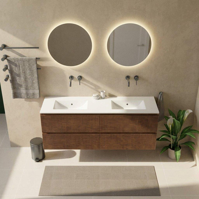 Saniclass Holz Atelier Ensemble de meubles de salle de bains - 160x45x62cm - lavabo Vygo en céramique blanc - 2 vasques - sans trous de robinet - 4 tiroirs - noyer pure mat (bois)