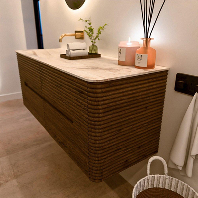 Mondiaz CIRO-DLUX Badkamermeubelset - 130x45x50cm - Solid surface wastafel Frappe - 1 wasbak Links - zonder kraangaten - 4 lades - Dusk