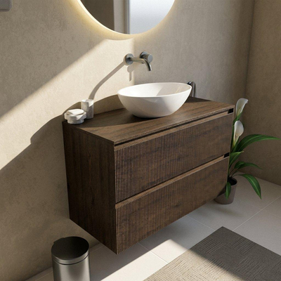 Saniclass Holz Atelier Ensemble meuble de salle de bains - 100x45x62cm - plan de toilette en bois - sans trou de robinet - 2 tiroirs - chêne charcoal mat (bois)