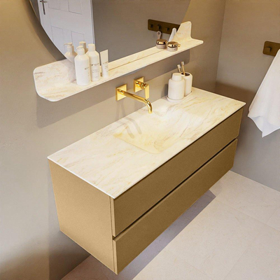 Mondiaz VICA-DLUX ensemble de meuble de salle de bain - 120cm - meuble sous-vasque oro - 2 tiroirs - lavabo encastré cloud milieu - sans trous de robinet - miroir modèle spot - version XL 60cm haut - ostra