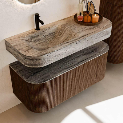 MONDIAZ THOR-DLUX 110cm meuble de salle de bains arrondi gauche + droite couleur Walnut avec 1 tiroir et 2 portes. Vasque suspendue CLOUD gauche 1 trou de robinet couleur Oza.