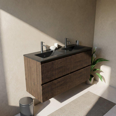Saniclass Holz Atelier Ensemble de meubles de salle de bains - 120x45x62cm - Lavabo Vygo en céramique noir - 2 vasques - 2 trous de robinet - 2 tiroirs - chêne charcoal mat (bois)
