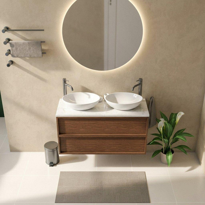 Saniclass Holz Frame Ensemble meuble de salle de bains - 120x45x63cm - Plan vasque en marbre Dia poli (blanc) - 2 trous de robinet - 2 tiroirs - mat walnut pure (bois)