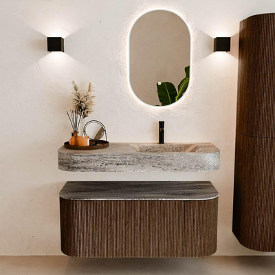 MONDIAZ THOR-DLUX 110cm badmeubel ronding links + rechts kleur Walnut met 1 lade en 2 deuren. Vrijhangende wastafel CLOUD Rechts 1 kraangat kleur Oza.