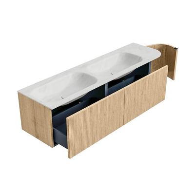 MONDIAZ KURVE-DLUX meuble de salle de bains 165 cm avec module 25 R couleur Oak avec 2 tiroirs et 1 porte. Lavabo STOR SMALL double / gauche 2 trous de robinet couleur Opalo.