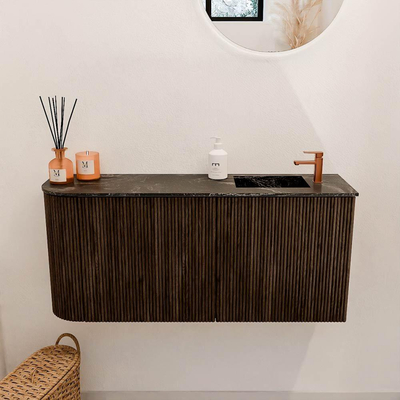 Mondiaz JOYA-DLUX 91.6cm toiletmeubel - ronding links kleur Walnut - Wastafel FAYE positie Rechts 1 kraangat kleur Lava.