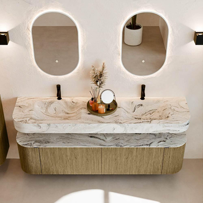 MONDIAZ THOR-DLUX 180cm meuble de salle de bains arrondi gauche + droite couleur Dusk avec 2 tiroirs et 2 portes. Vasque suspendue CLOUD Double 2 trous de robinet couleur Glace.