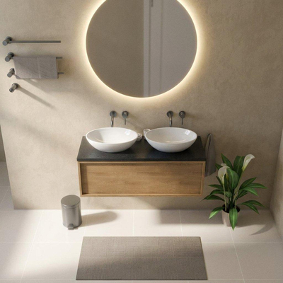 Saniclass Holz Frame Ensemble de meubles de salle de bains - 120x45x43cm - vasque en basalte Noche polie - 1 vasque - sans trou de robinet - 1 tiroir - chêne natural mat (bois)