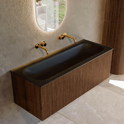 MONDIAZ KURVE 120cm badmeubel kleur Walnut met 1 lade. Wastafel BIG LARGE midden zonder kraangat Urban.