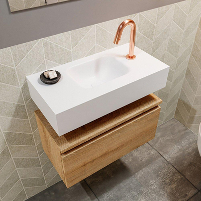 MONDIAZ ANDOR Toiletmeubel - 60x30x30cm - 1 kraangat - 1 lades - washed oak mat - wasbak midden - Solid surface - Wit