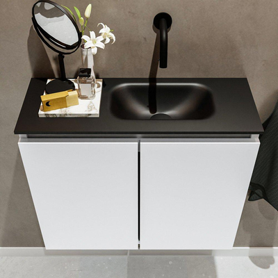 MONDIAZ TURE Toiletmeubel 60x23x50cm met 0 kraangaten 2 deuren talc mat Wastafel Eden rechts Solid Surface Zwart