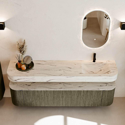 MONDIAZ THOR-DLUX 190cm meuble de salle de bains arrondi gauche + droite couleur Shadow avec 2 tiroirs et 2 portes. Vasque suspendue CLOUD Droite 1 trou de robinet couleur Nata.