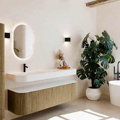 MONDIAZ THOR 160cm meuble de salle de bains arrondi gauche + droite couleur Dusk avec 1 tiroir et 2 portes. Vasque suspendue CLOUD gauche 1 trou de robinet couleur Talc.