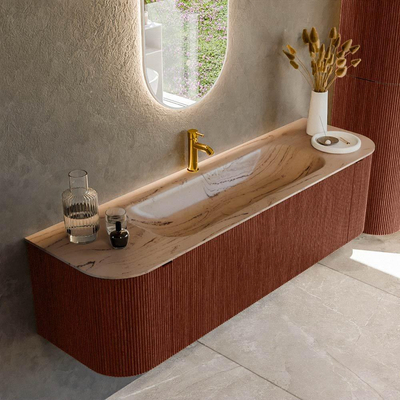 MONDIAZ KURVE-DLUX meuble de salle de bains 160cm arrondi gauche + droite couleur Ruby avec 1 tiroir et 2 portes. Lavabo BIG MEDIUM central 1 trou de robinet Arena.