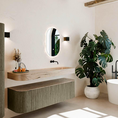 MONDIAZ THOR-DLUX 160cm meuble de salle de bains arrondi gauche + droite couleur Shadow avec 1 tiroir et 2 portes. Vasque suspendue CLOUD droite sans trou de robinet couleur Arena.