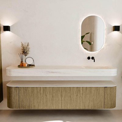 MONDIAZ THOR-DLUX Meuble de salle de bains - 200cm - arrondi gauche + droite - couleur Dusk - 2 tiroirs - 2 portes - Vasque suspendue CLOUD Droite sans trou de robinet - couleur Meli