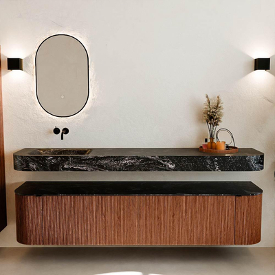 MONDIAZ THOR-DLUX 200cm meuble de salle de bains arrondi gauche + droite couleur Ruby avec 2 tiroirs et 2 portes. Vasque suspendue CLOUD Gauche sans trou de robinet couleur Lava.