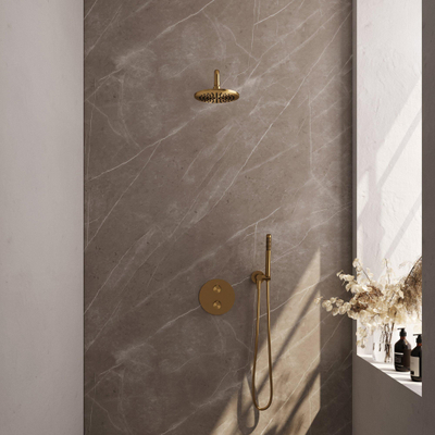 BRAUER Gold Edition douche thermostatique encastrée - 3 voies - rond - set 75 - douche principale de 20 cm - bras de douche courbé - douchette à main - flexible de douche - coude mural - or brossé PVD