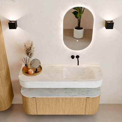 MONDIAZ THOR-DLUX 130cm badmeubel ronding links + rechts kleur Oak met 1 lade en 2 deuren. Vrijhangende wastafel CLOUD Rechts zonder kraangat kleur Opalo.