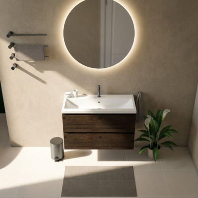 Saniclass Holz Pure Ensemble meuble de salle de bains - 100x45x63.5cm - Bari lavabo en céramique blanc - 1 vasque - 1 trou de robinetterie - 2 tiroirs - chêne charcoal mat (bois)