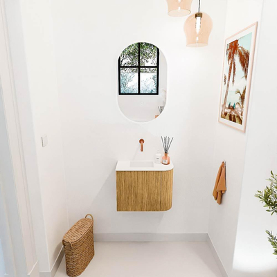 Mondiaz JOYA 51.6cm toiletmeubel - ronding rechts kleur Oak - Wastafel FAYE positie Links Zonder kraangat kleur Talc.