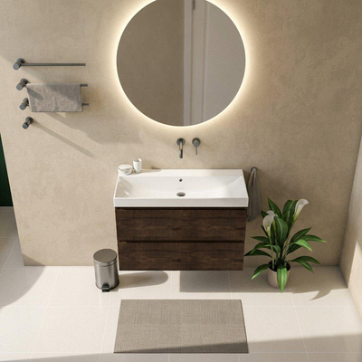 Saniclass Holz Atelier Ensemble de meubles de salle de bains - 100x45x67,5cm - lavabo Wave en céramique - 1 vasque - sans trou de robinetterie - 2 tiroirs - chêne charcoal mat (bois)