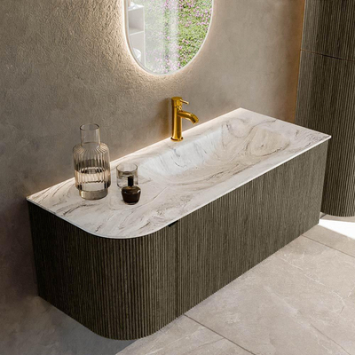 Mondiaz KURVE-DLUX Badkamermeubelset - 115x46x40cm - 1 lade - 1 deur - wastafel solid surface - rechts - 1 kraangat - Shadow