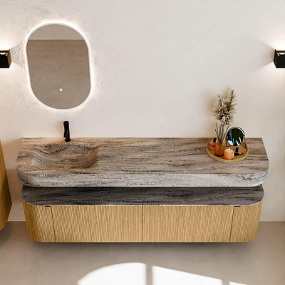MONDIAZ THOR-DLUX 190cm badmeubel ronding links + rechts kleur Oak met 2 lades en 2 deuren. Vrijhangende wastafel CLOUD Links 1 kraangat kleur Oza.