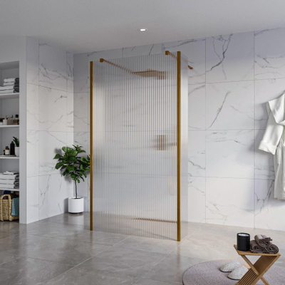 Fortifura Galeria Douche à l'italienne - 110x200cm - verre clair nervuré - anticalcaire - verre de sécurité 8mm - 2 parois latérales 30cm - avec bras muraux et profilés d'angle - Cuivre brossé
