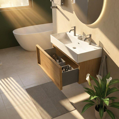 Saniclass Holz Frame Ensemble de meubles de salle de bains - 100x45x52cm - Legend lavabo en céramique blanc - 1 vasque - 2 trous de robinetterie - 1 tiroir - chêne natural mat (bois)