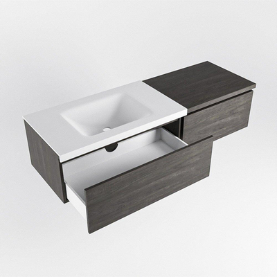 MONDIAZ BUKLA 140cm ensemble de meuble avec module 60 couleur Marron Foncé avec 2 tiroirs. Lavabo CLOUD à gauche 1 trou de robinet couleur Talc.