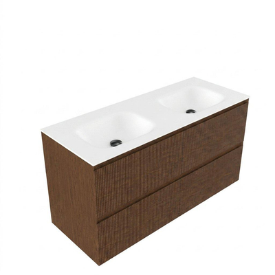 Saniclass Holz Atelier Ensemble meuble de salle de bains - 120x45x61.5cm - lavabo Flow en solid surface blanc - 2 vasques - sans trous de robinetterie - 2 tiroirs - noyer pure mat (bois)