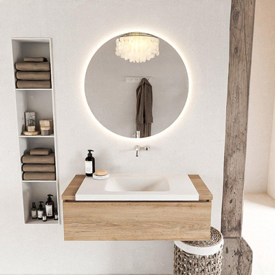 Mondiaz BUKLA Badkamermeubelset - 100x45x34cm - 0 kraangaten - wasbak midden - solid surface - Talc - greeploos - 1 lade - Melamine - Washed Oak