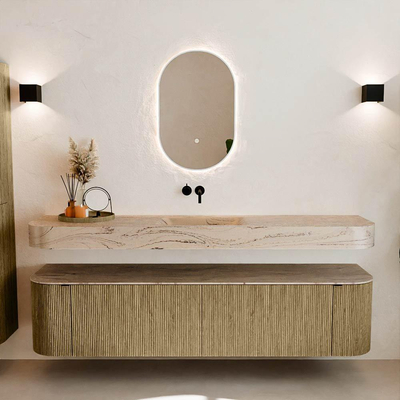 MONDIAZ THOR-DLUX Meuble de salle de bains 190cm arrondi gauche + droite couleur Dusk avec 2 tiroirs et 2 portes. Vasque suspendue CLOUD Milieu sans trou de robinet couleur Arena.