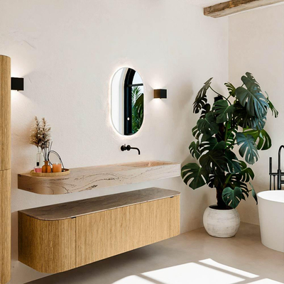 MONDIAZ THOR-DLUX 160cm badmeubel ronding links + rechts kleur Oak met 1 lade en 2 deuren. Vrijhangende wastafel CLOUD Rechts zonder kraangat kleur Arena.