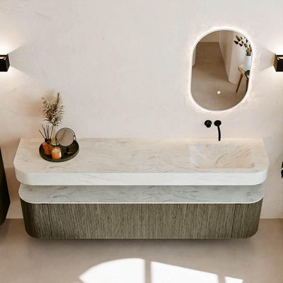 MONDIAZ THOR-DLUX 200cm meuble de salle de bains arrondi gauche + droite couleur Shadow avec 2 tiroirs et 2 portes. Vasque suspendue CLOUD Droite sans trou de robinet couleur Opalo.